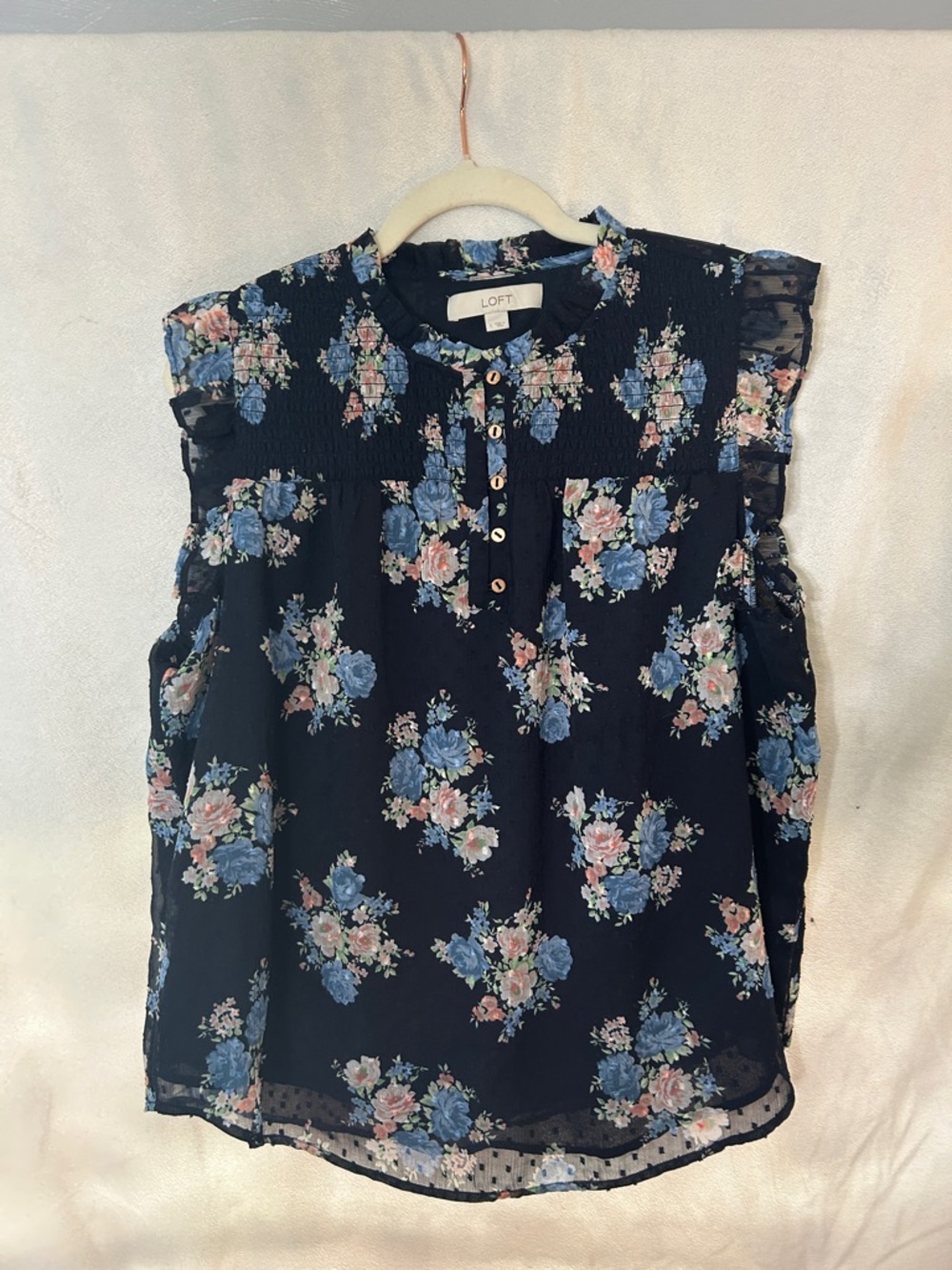 LOFT Navy Floral Button-Front Ruffle Sleeve Top - Picture 2 of 10